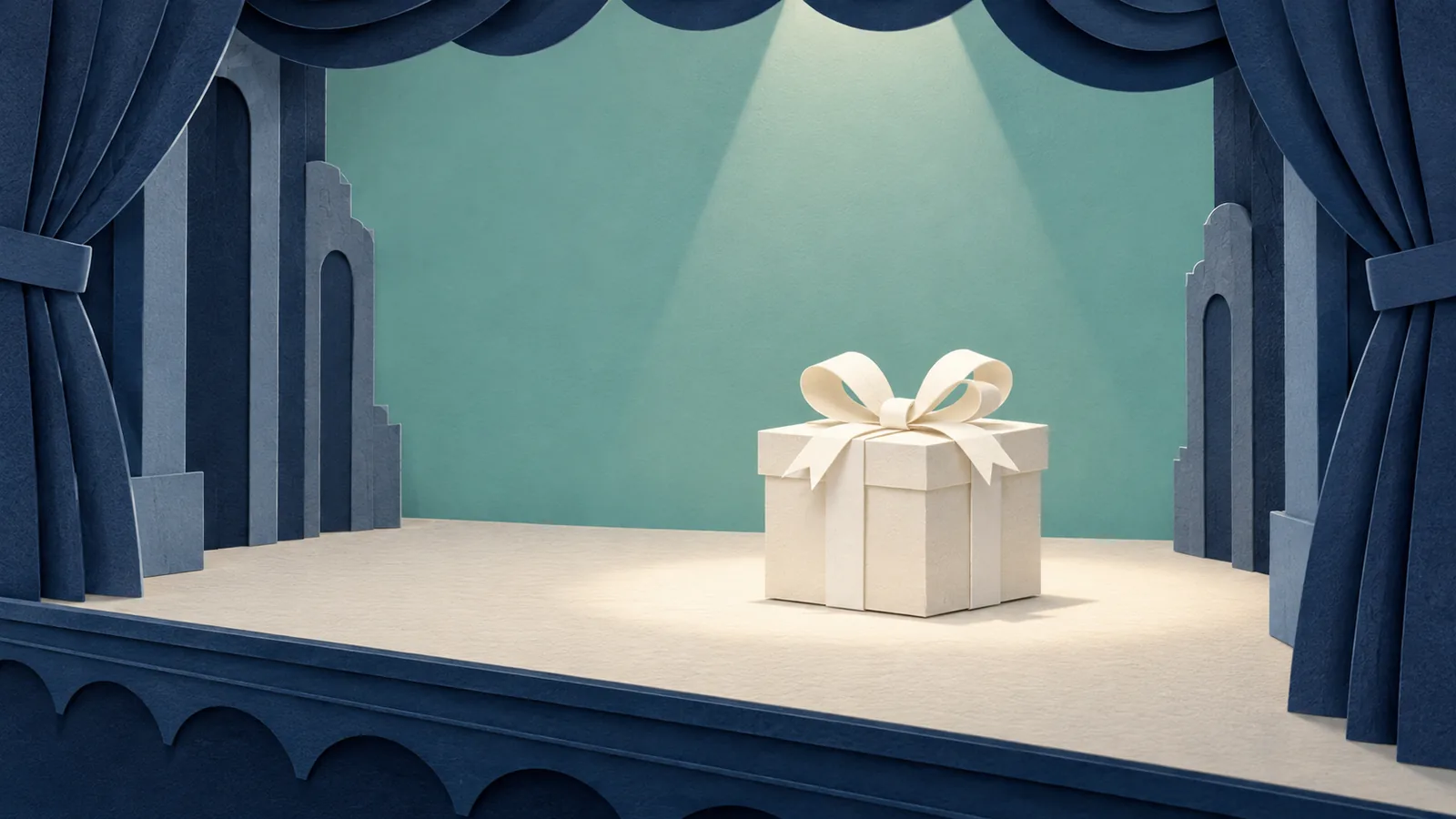 Paper-cut illustration of a gift box tied with a ribbon bow
