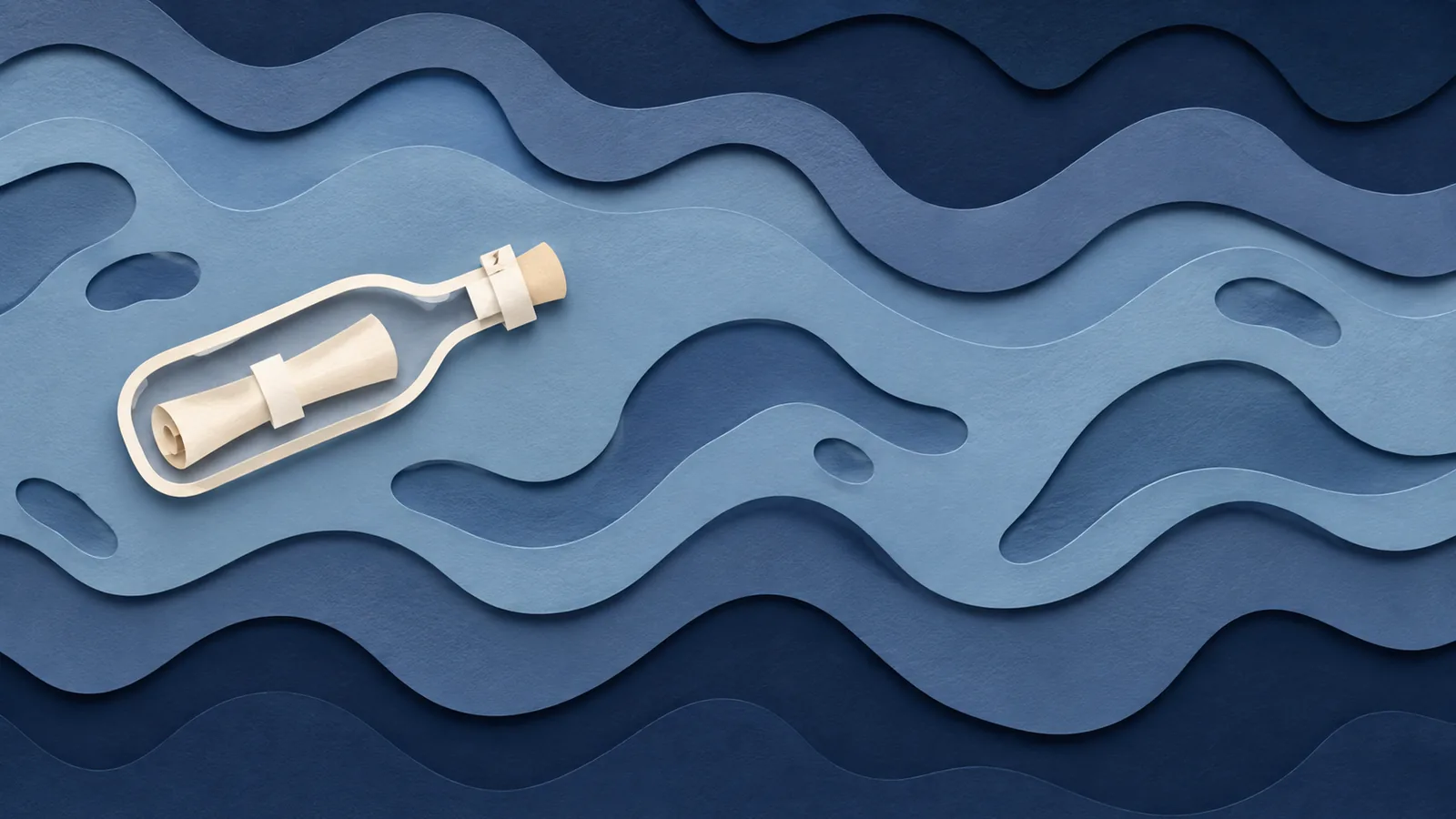 Paper-cut illustration of a glass bottle floating with a rolled blank note inside