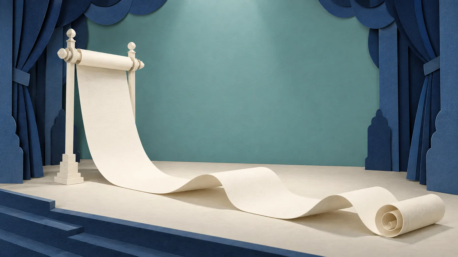Paper-cut illustration of a long paper scroll unrolling across the ground