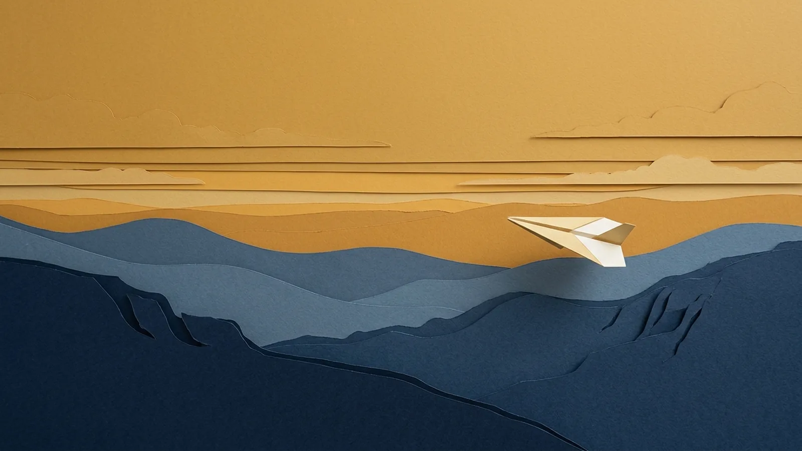 Paper-cut illustration of a paper aeroplane in flight