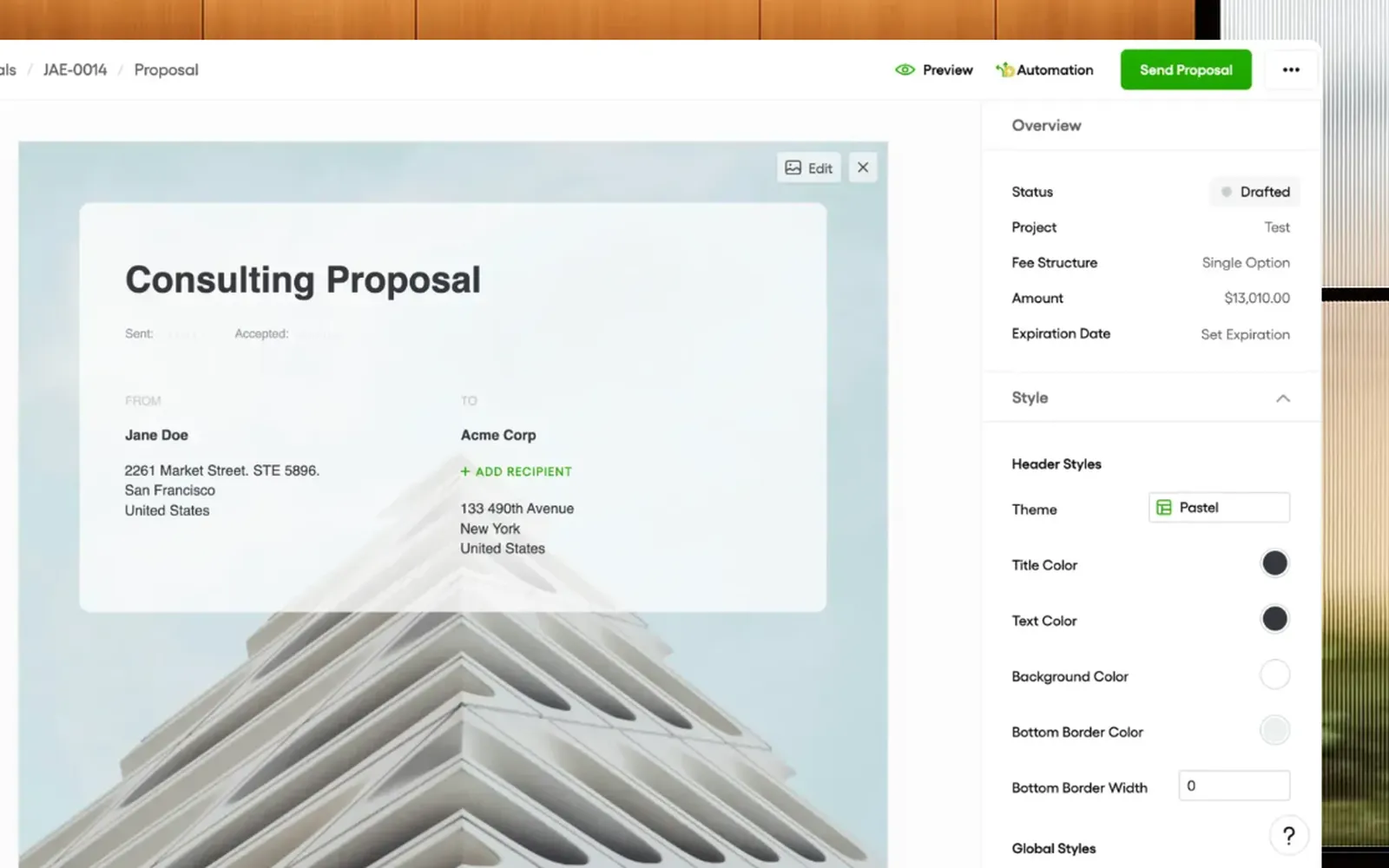 Bonsai proposal editor showing a consulting proposal being drafted, with the fee structure and amount set
