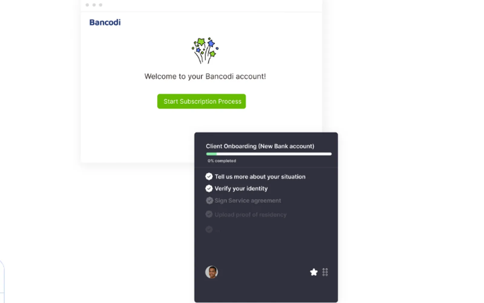 Clustdoc onboarding checklist showing a new client's steps, including a service agreement to sign and a document to upload