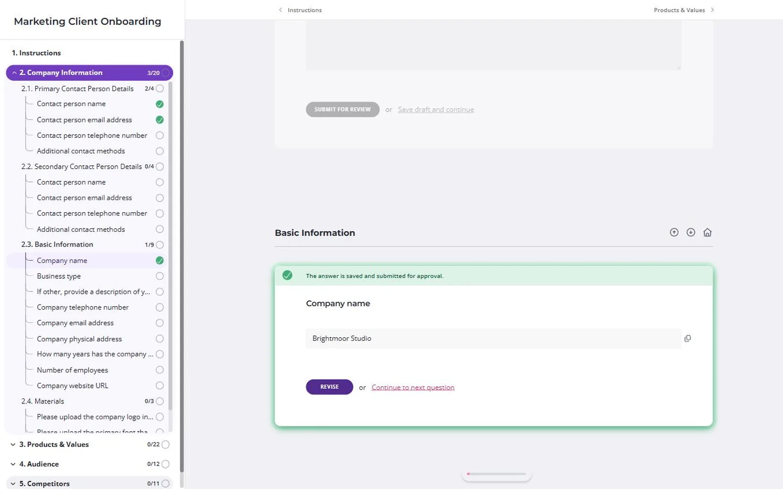 Content Snare client onboarding software showing a marketing agency's new-client onboarding request with the company name saved