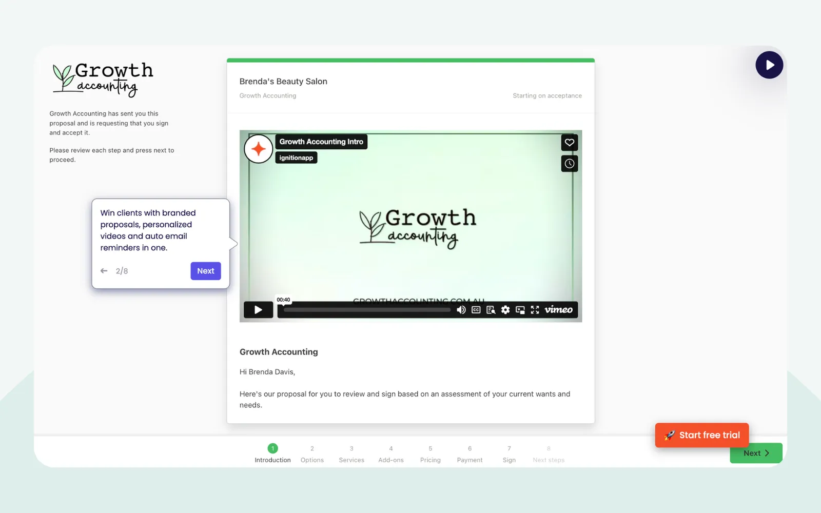 Ignition proposal from the client's side showing the step-by-step flow from introduction through to signing