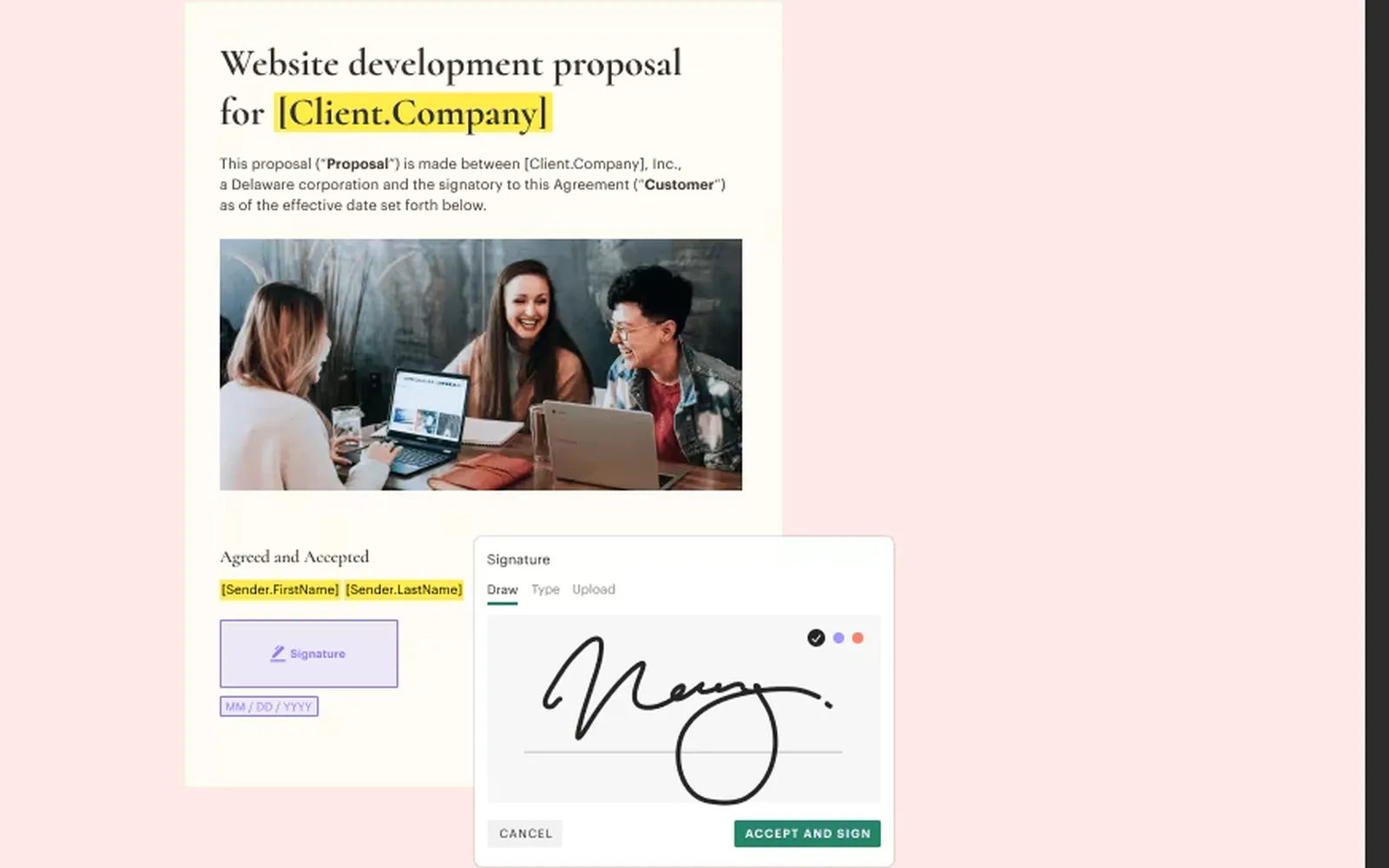 PandaDoc proposal from the client's side showing the agreement section and a drawn signature ready to accept