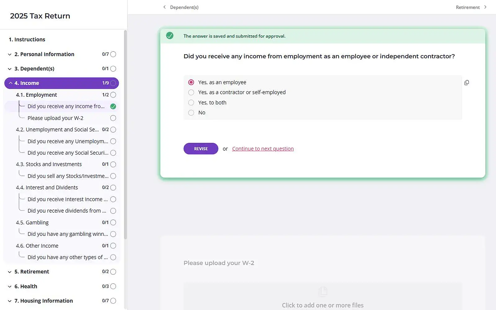 Content Snare client portal for accountants showing a US tax return request with one answer saved and a W-2 upload next