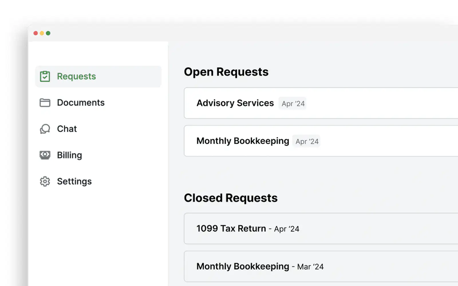 Financial Cents client portal showing a client's open and closed requests, including monthly bookkeeping