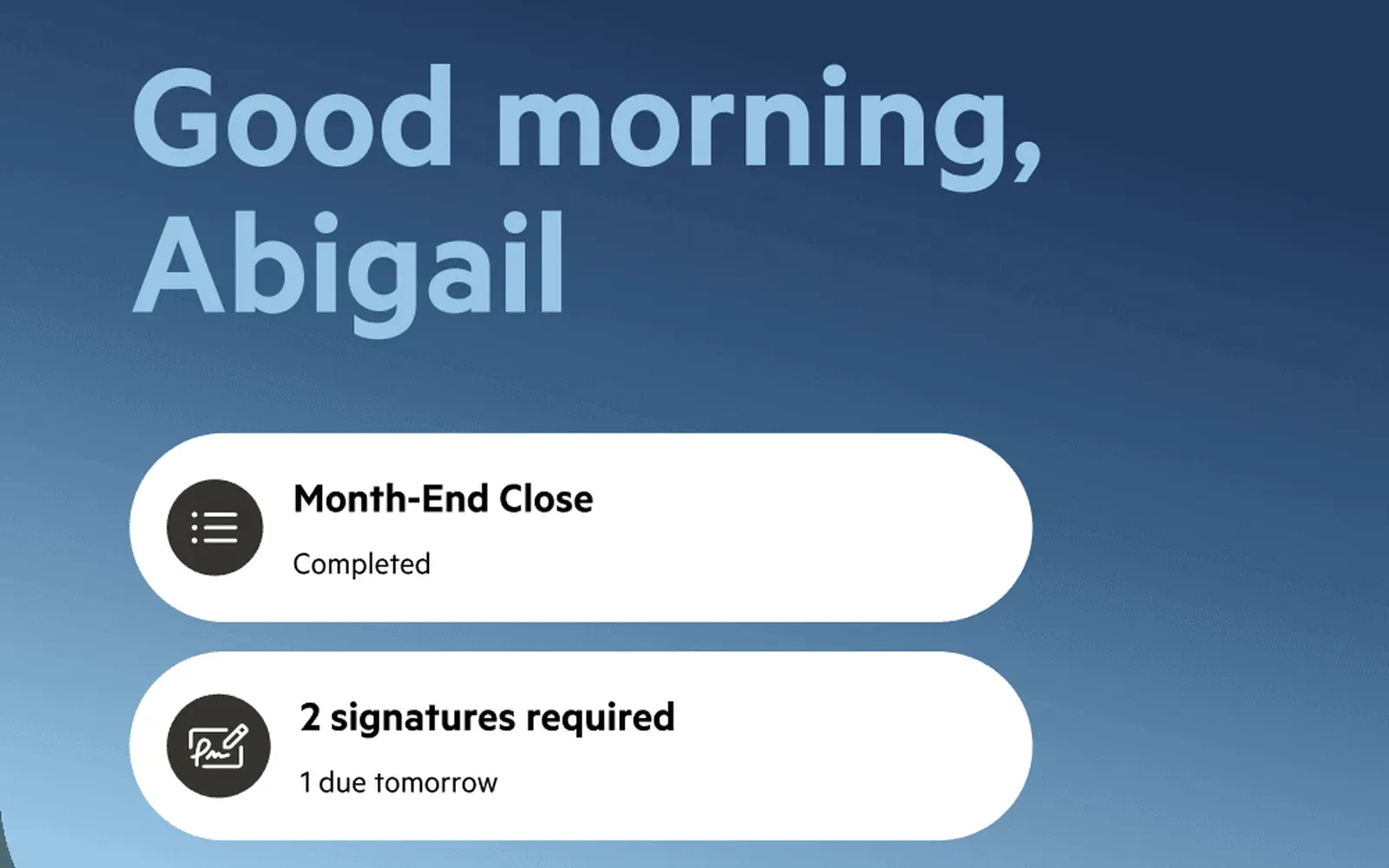Karbon for Clients showing a client's task list with a finished month-end close and two signatures due