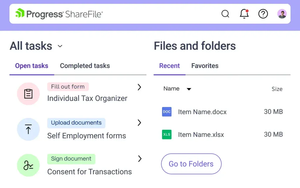 ShareFile client portal showing a client's open tasks to fill out a tax organizer, upload documents and sign a consent