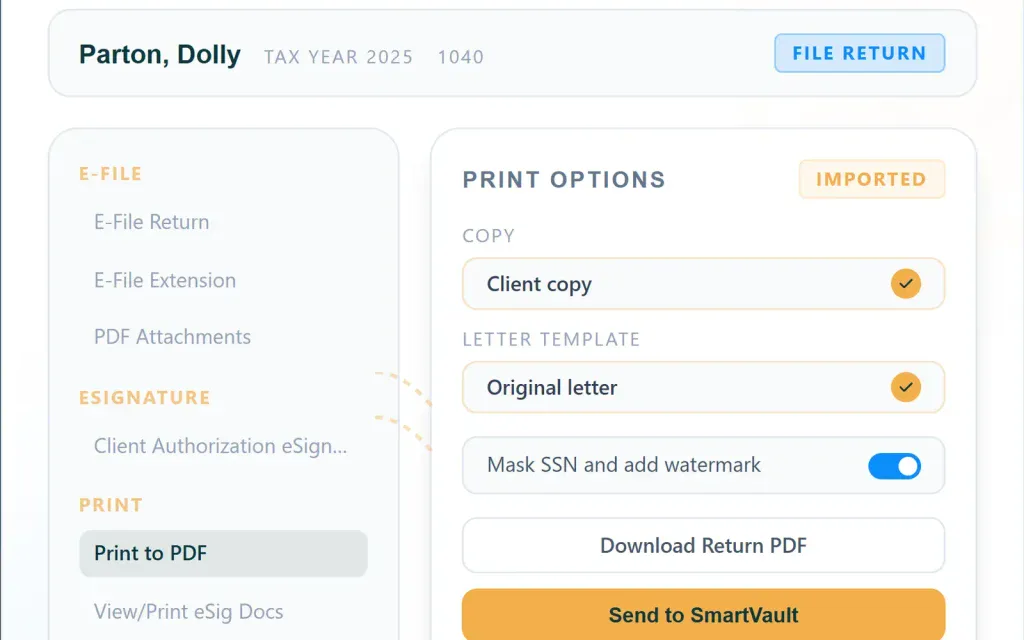 SmartVault print options for a client's 1040 return with a button to send the return to SmartVault