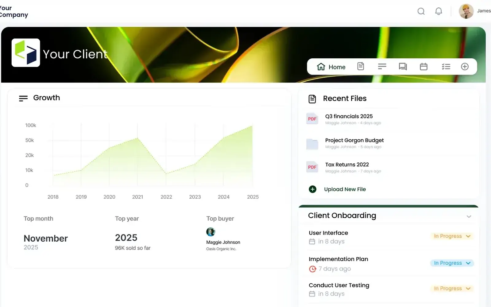 Clinked branded client workspace showing recent files and a client onboarding checklist