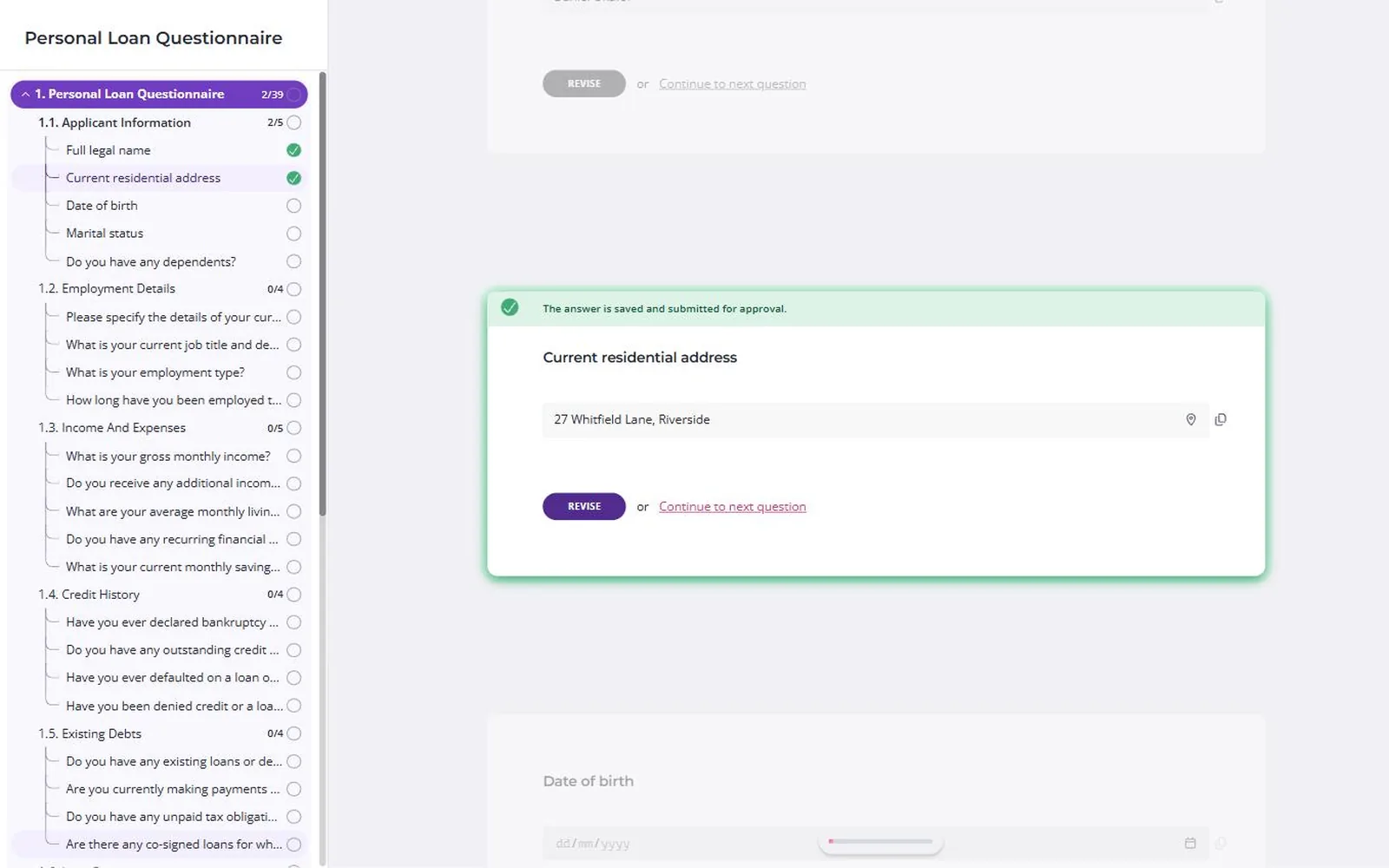 Content Snare client portal software showing a personal loan request with two answers saved and a progress count for each section