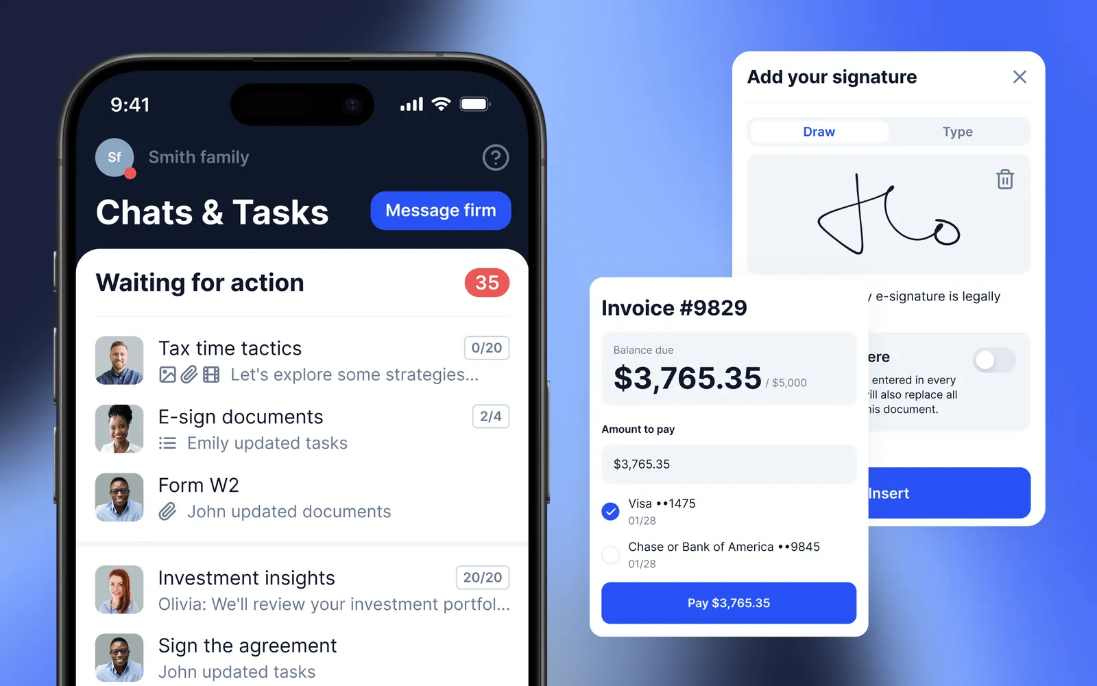 TaxDome client portal showing a client's tasks, documents to sign and an invoice to pay