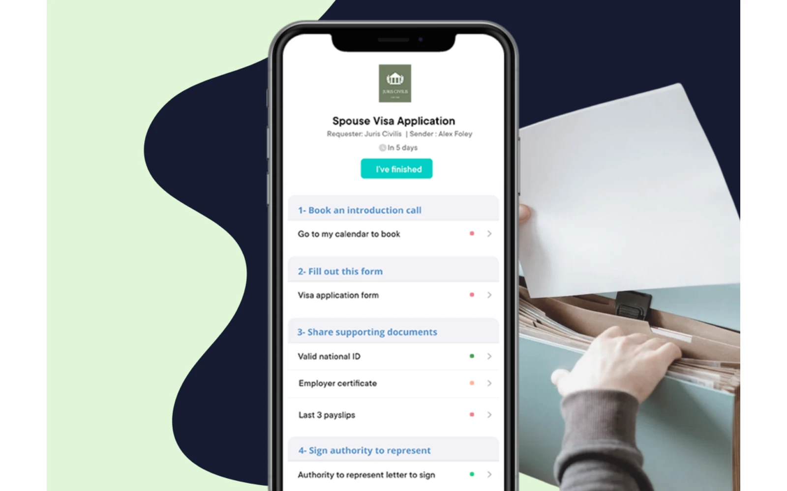 Clustdoc client checklist on a phone, with a status dot for each document in a visa application