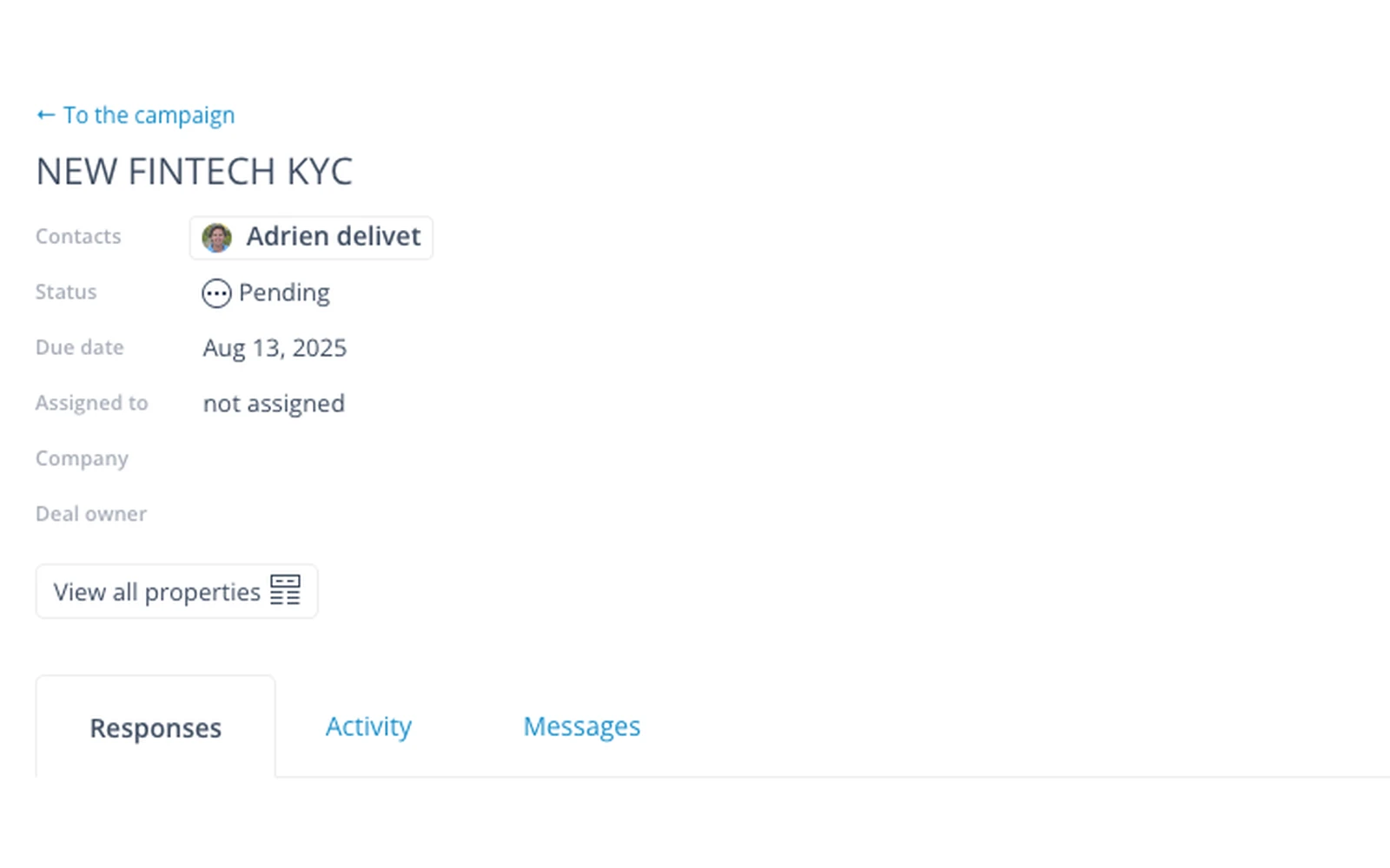 Collect showing a KYC document request record, with status, due date and a share link