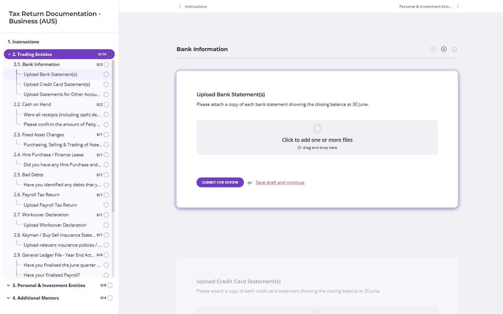 Content Snare document collection software showing a year-end request asking the client to upload bank statements, with the rest of the year-end checklist in the sidebar