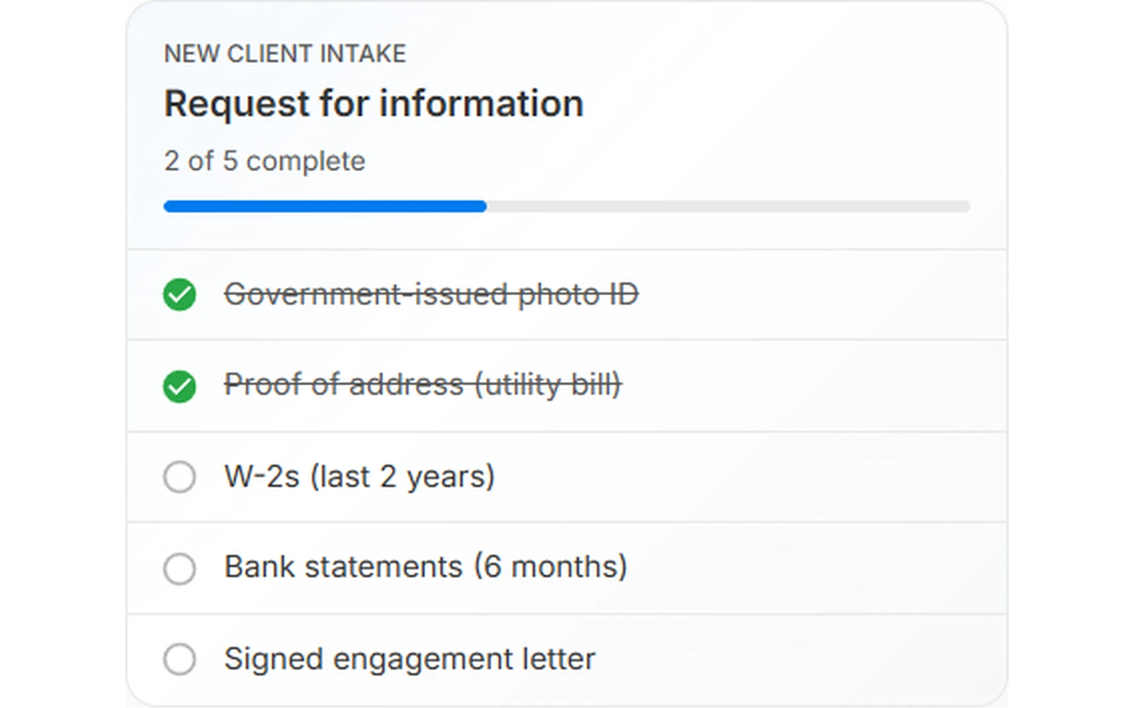 Pipefile client checklist for a new client intake, with two of five items completed