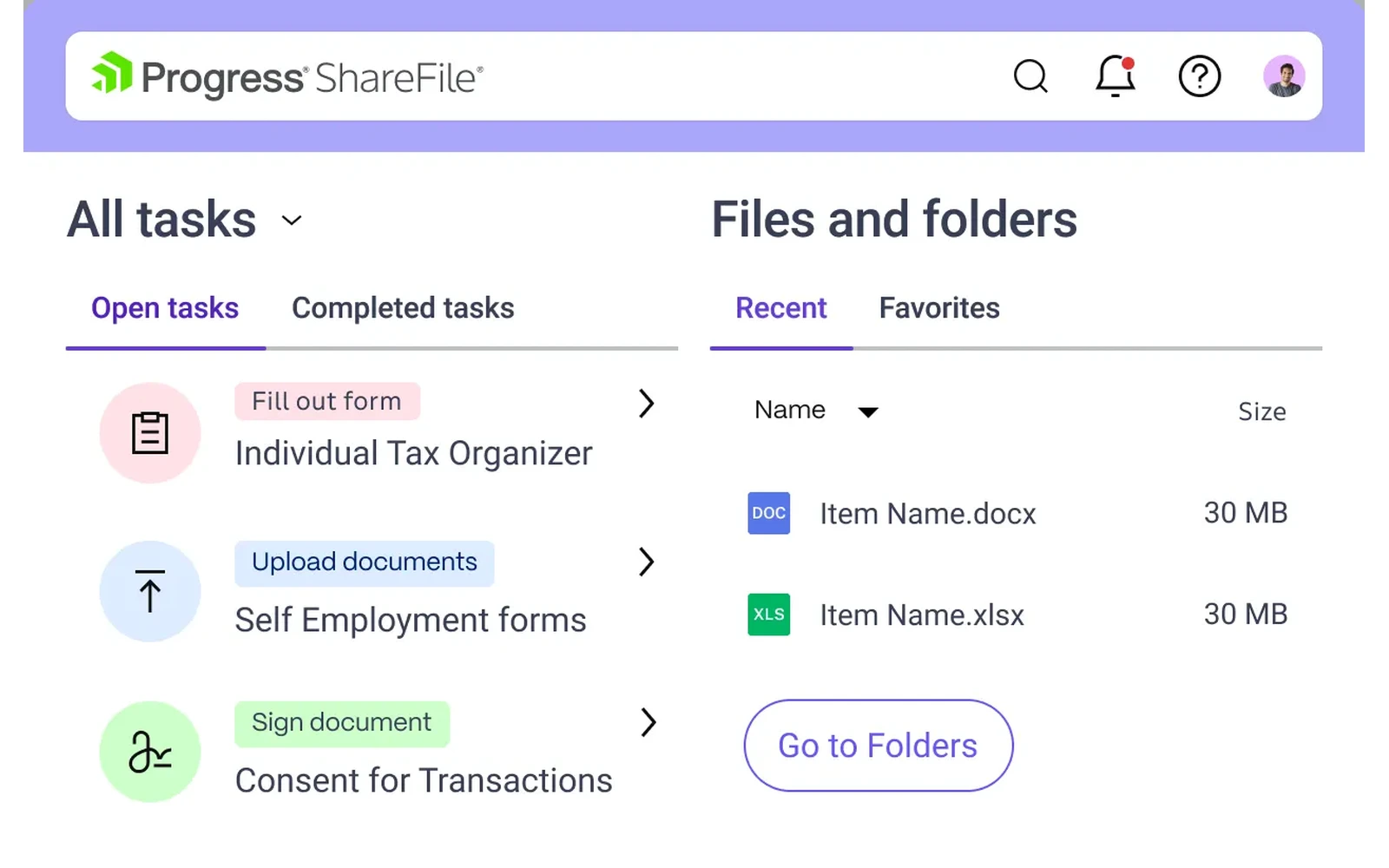 ShareFile client portal showing a client's open tasks alongside recent files and folders