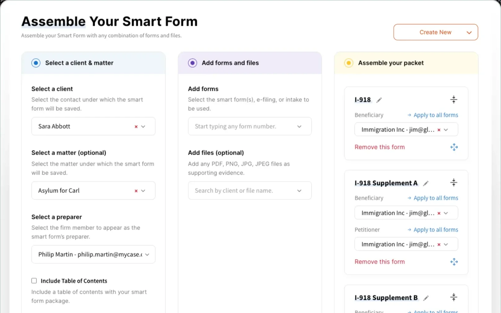 DocketWise Smart Form screen assembling one client's answers into several USCIS forms