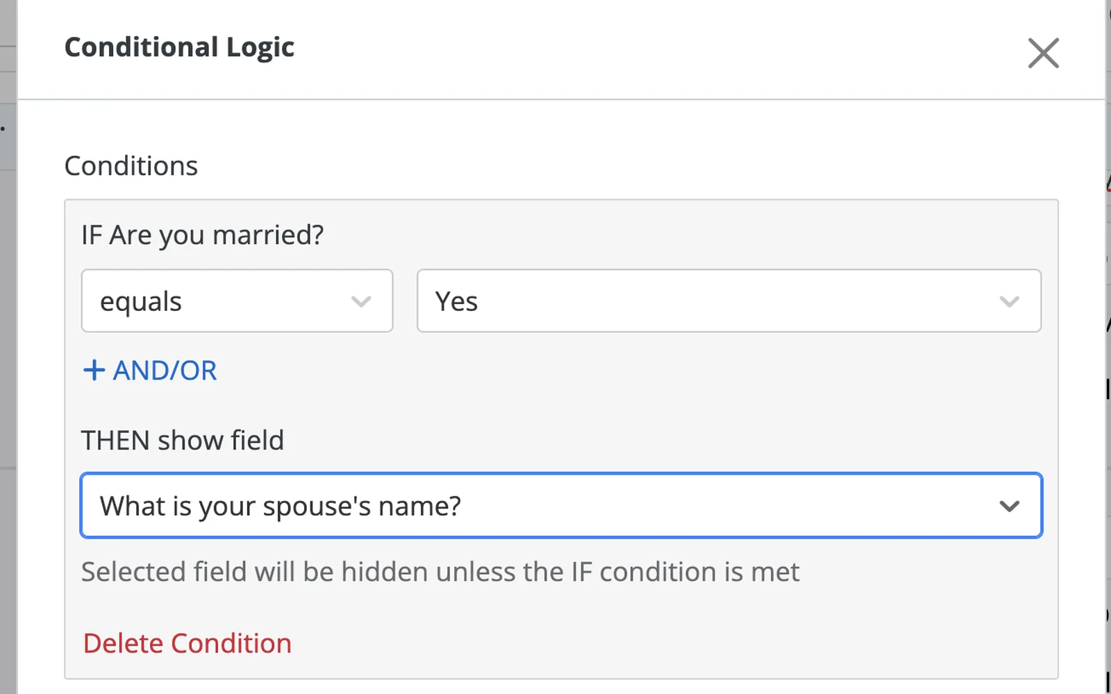 MyCase intake form builder showing a question set to appear only when an earlier answer is yes