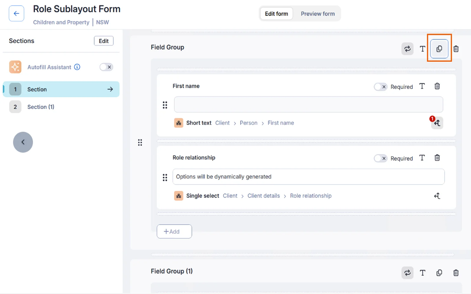 Smokeball intake form showing questions for a new matter with a repeatable field group for extra parties